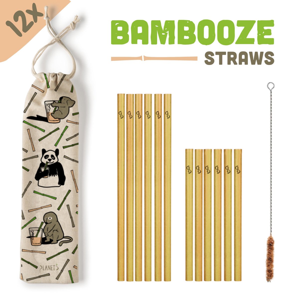 Herbruikbare Bambooze rietjes - 12x = (6x Cocktails rietjes 15cm + 6x longdrink rietjes 20cm) UITZONDERLIJKE KWALITEIT + Design linnen zakje + RVS kokosborsteltje | Keuze uit 2 zakjes | ideaal zero waste cadeau